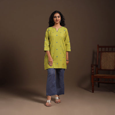 Green - cotton short jacquard kurta with hand embroidery 03