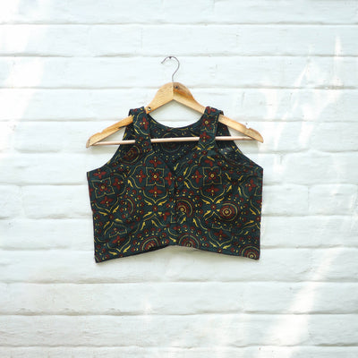 Green Block Print Cotton Stitched Ajrakh Blouse 