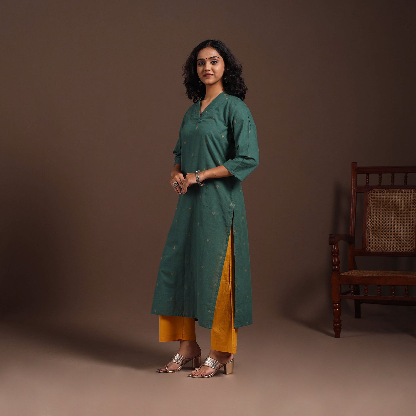 Green - cotton straight jacquard kurta 11 - handcrafted