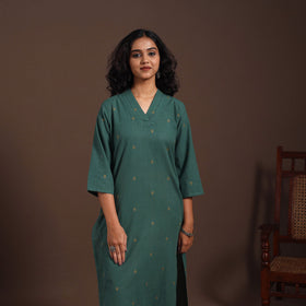 Green - cotton straight jacquard kurta 11 - handcrafted