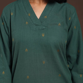 Green - cotton straight jacquard kurta 11 - handcrafted