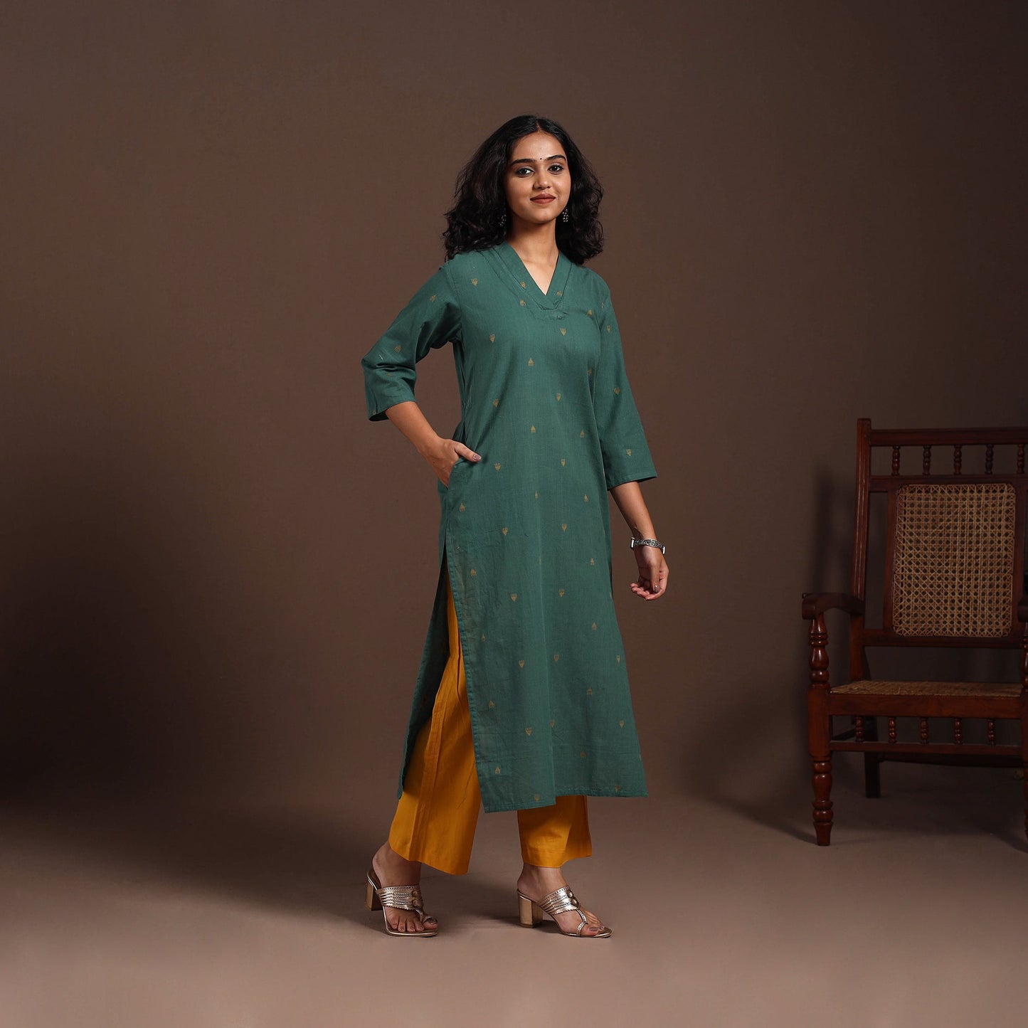 Green - cotton straight jacquard kurta 11 - handcrafted
