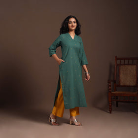 Green - cotton straight jacquard kurta 11 - handcrafted