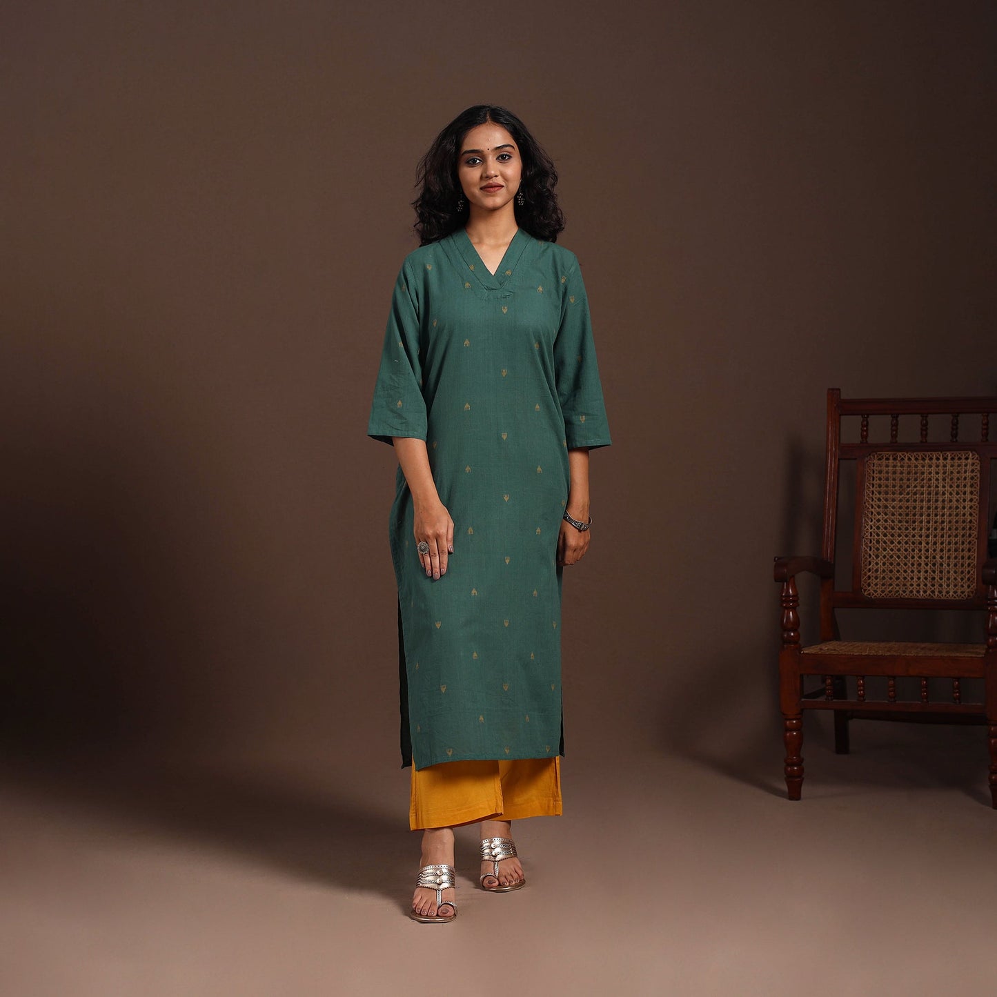 Green - cotton straight jacquard kurta 11 - handcrafted