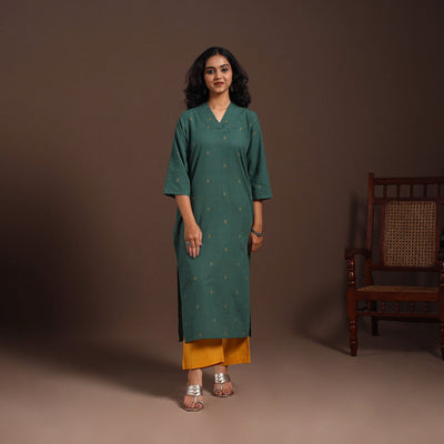 Green - cotton straight jacquard kurta 11 - handcrafted