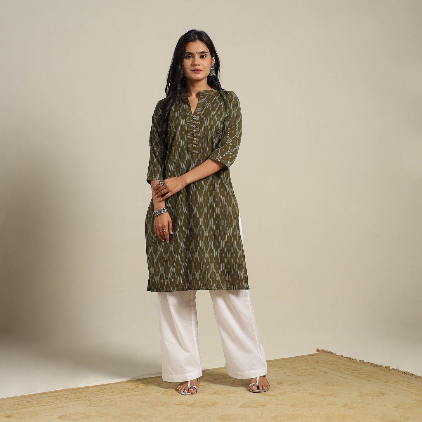 Green Cotton Straight Pochampally Ikat Kurta