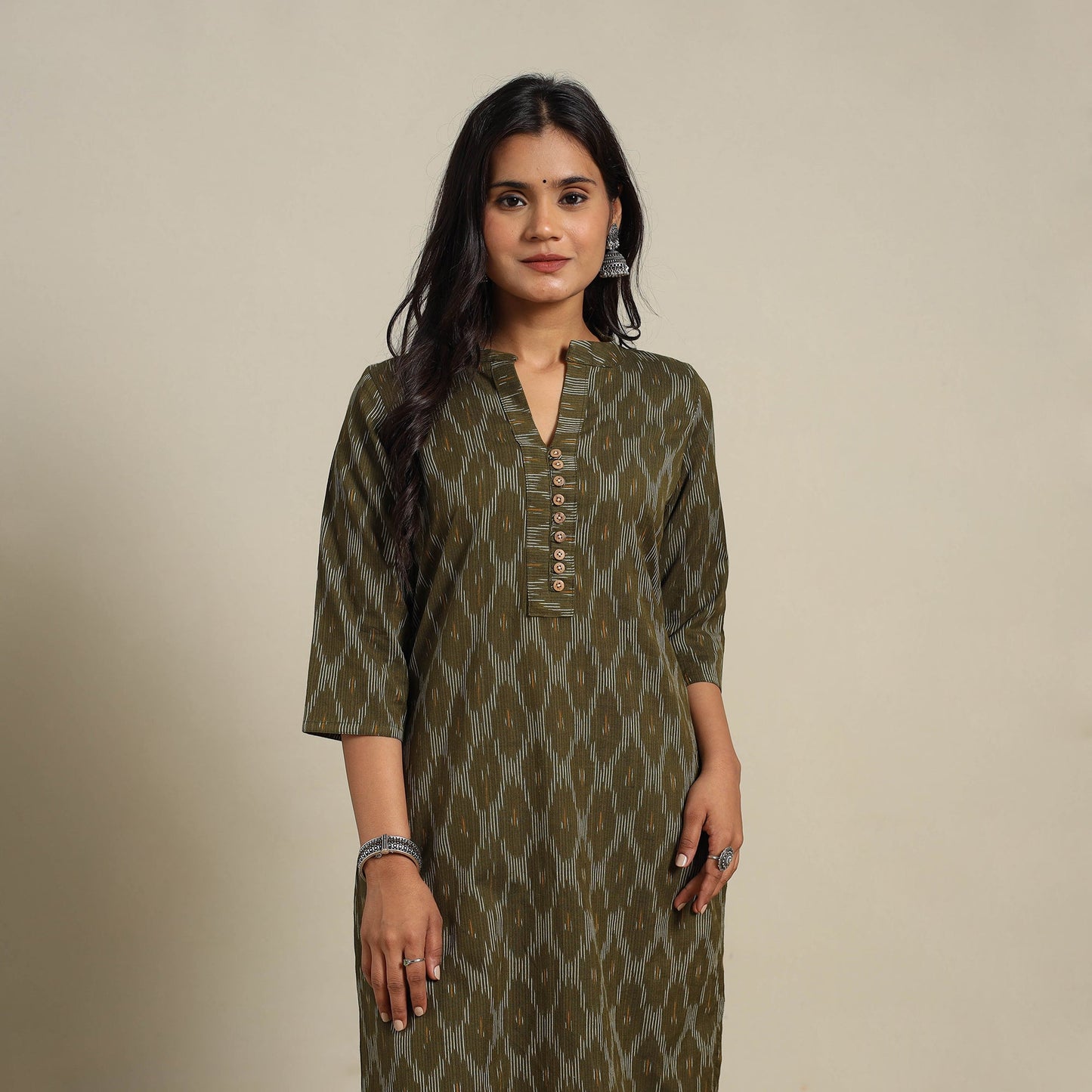 Green Cotton Straight Pochampally Ikat Kurta