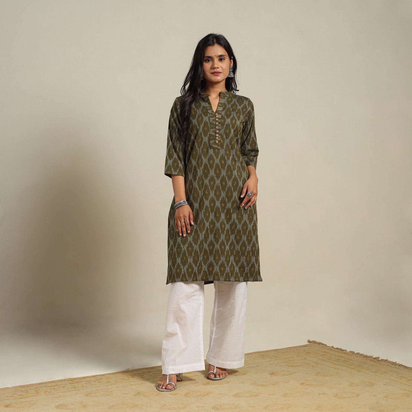 Green Cotton Straight Pochampally Ikat Kurta