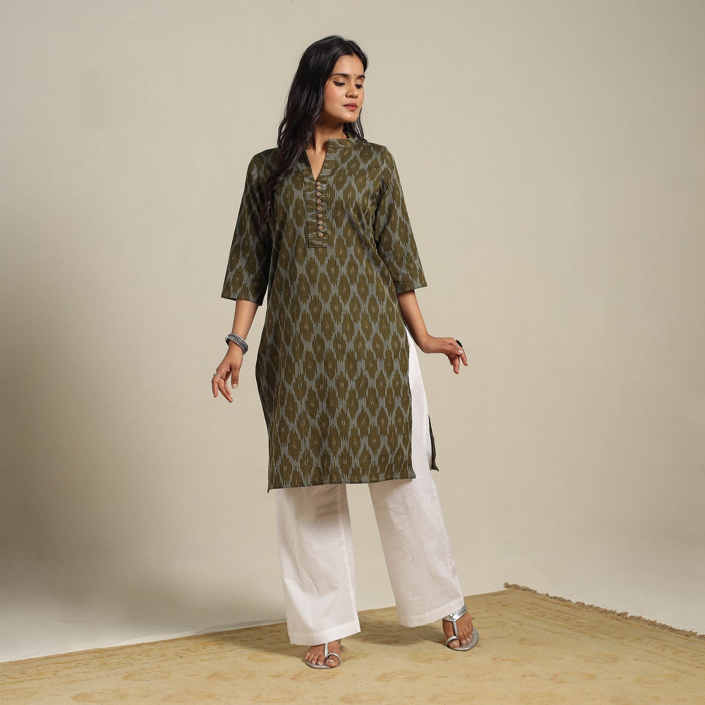Green Cotton Straight Pochampally Ikat Kurta