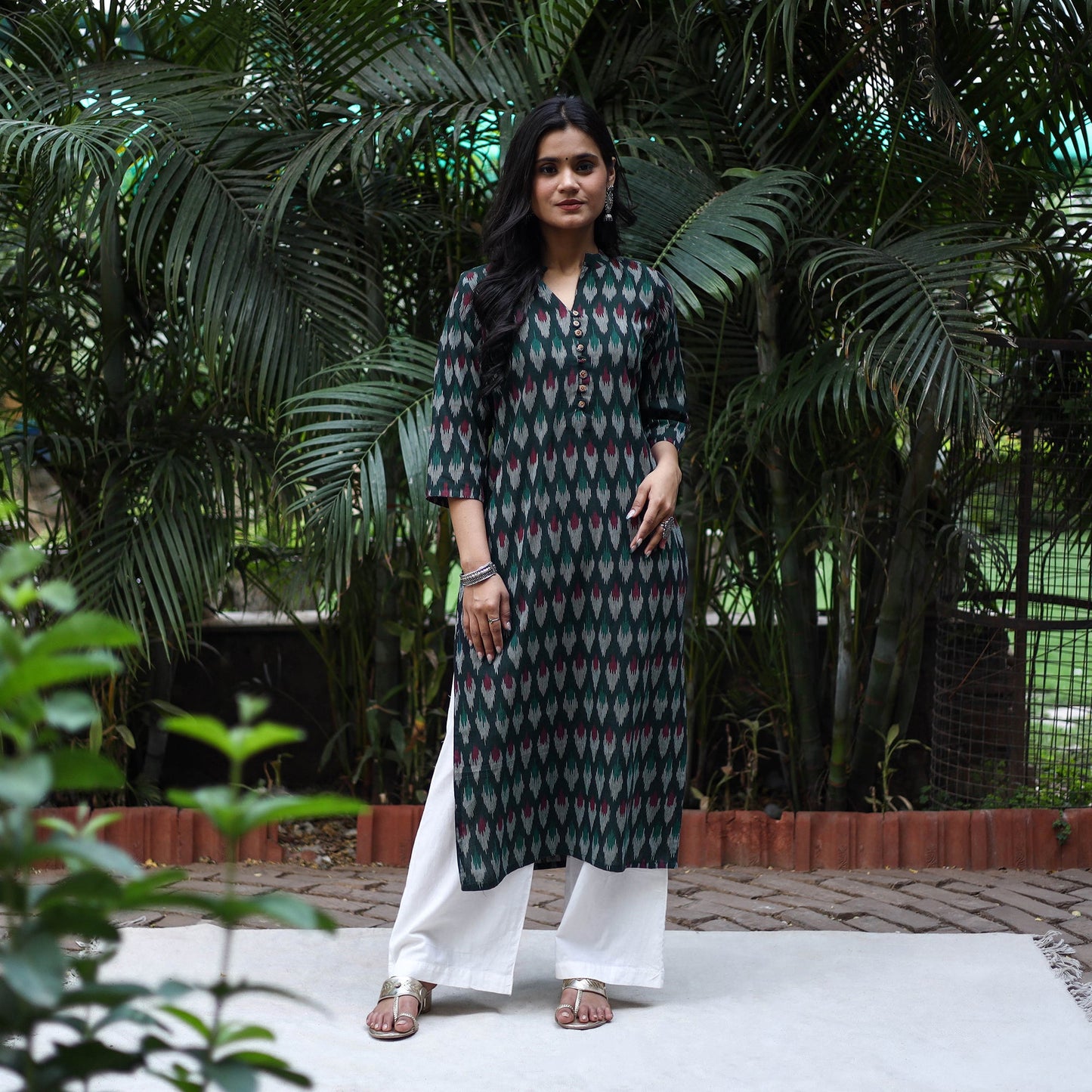 Green Cotton Straight Pochampally Ikat Kurta for women