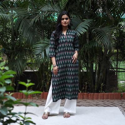 Green Cotton Straight Pochampally Ikat Kurta for women