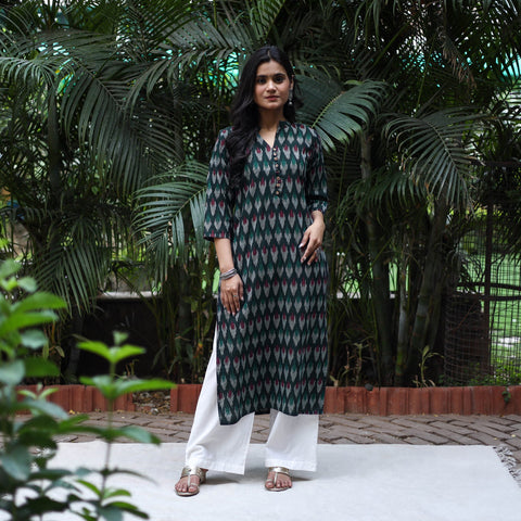 Green Cotton Straight Pochampally Ikat Kurta for women