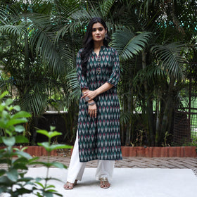 Green Cotton Straight Pochampally Ikat Kurta for women