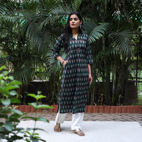 Green Cotton Straight Pochampally Ikat Kurta for women