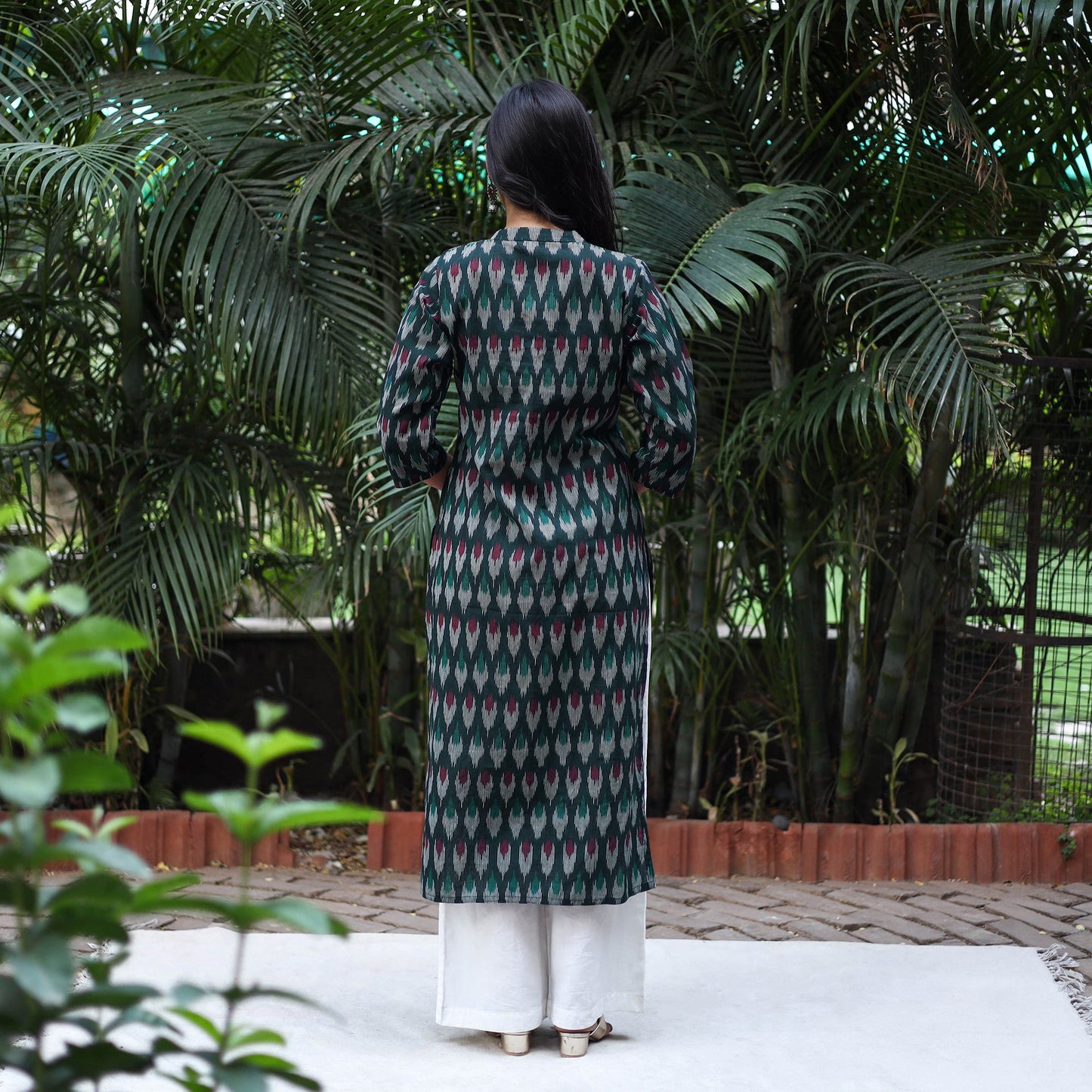 Green Cotton Straight Pochampally Ikat Kurta for women