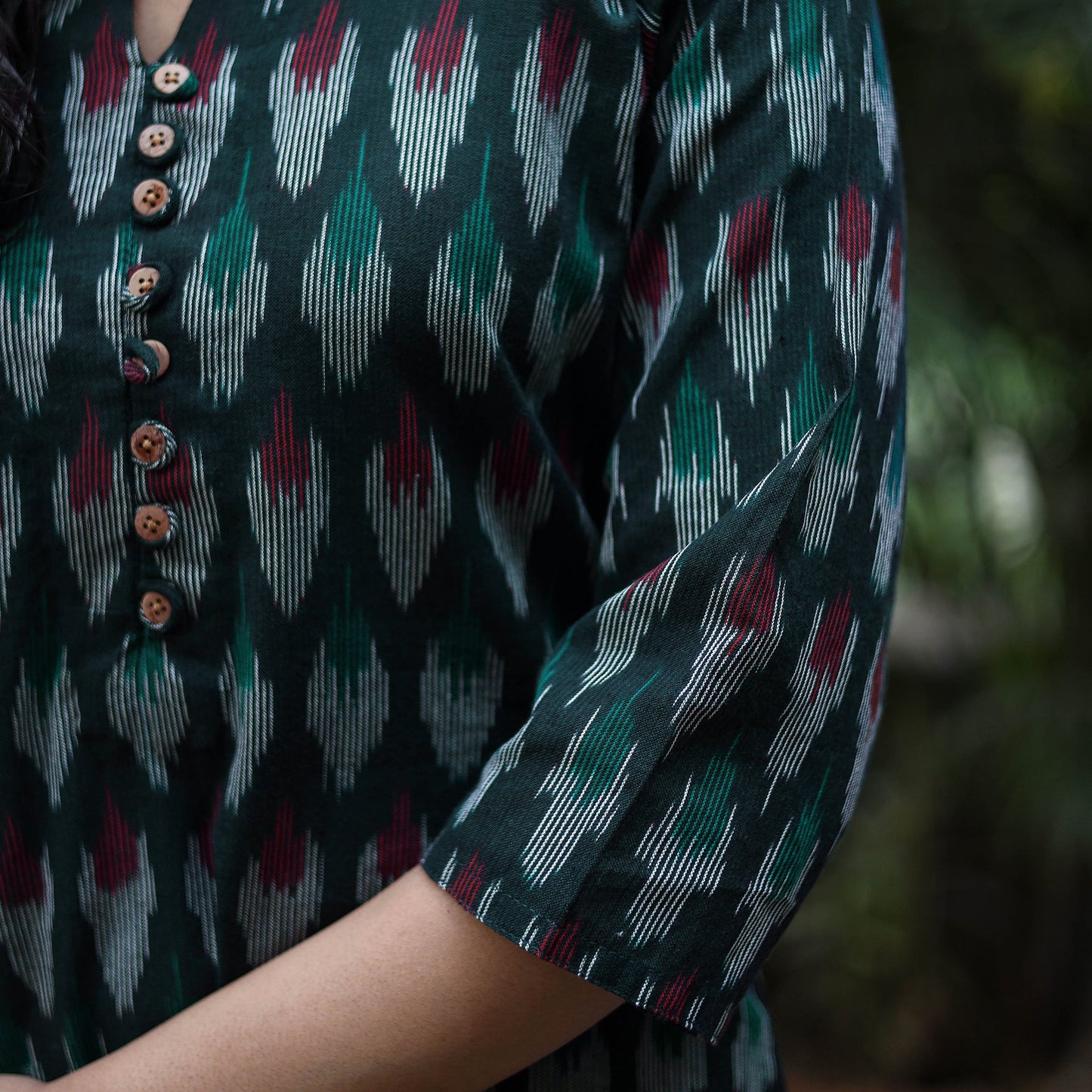 Green Cotton Straight Pochampally Ikat Kurta for women