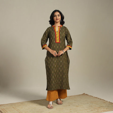 Green Cotton Straight Pochampally Ikat Kurta