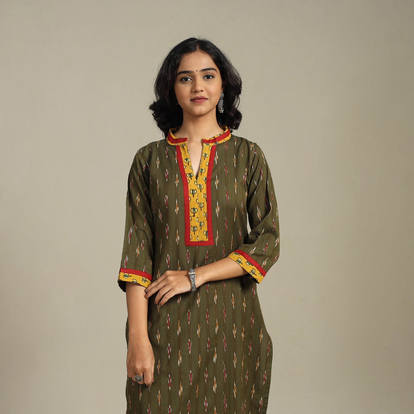 Green Cotton Straight Pochampally Ikat Kurta