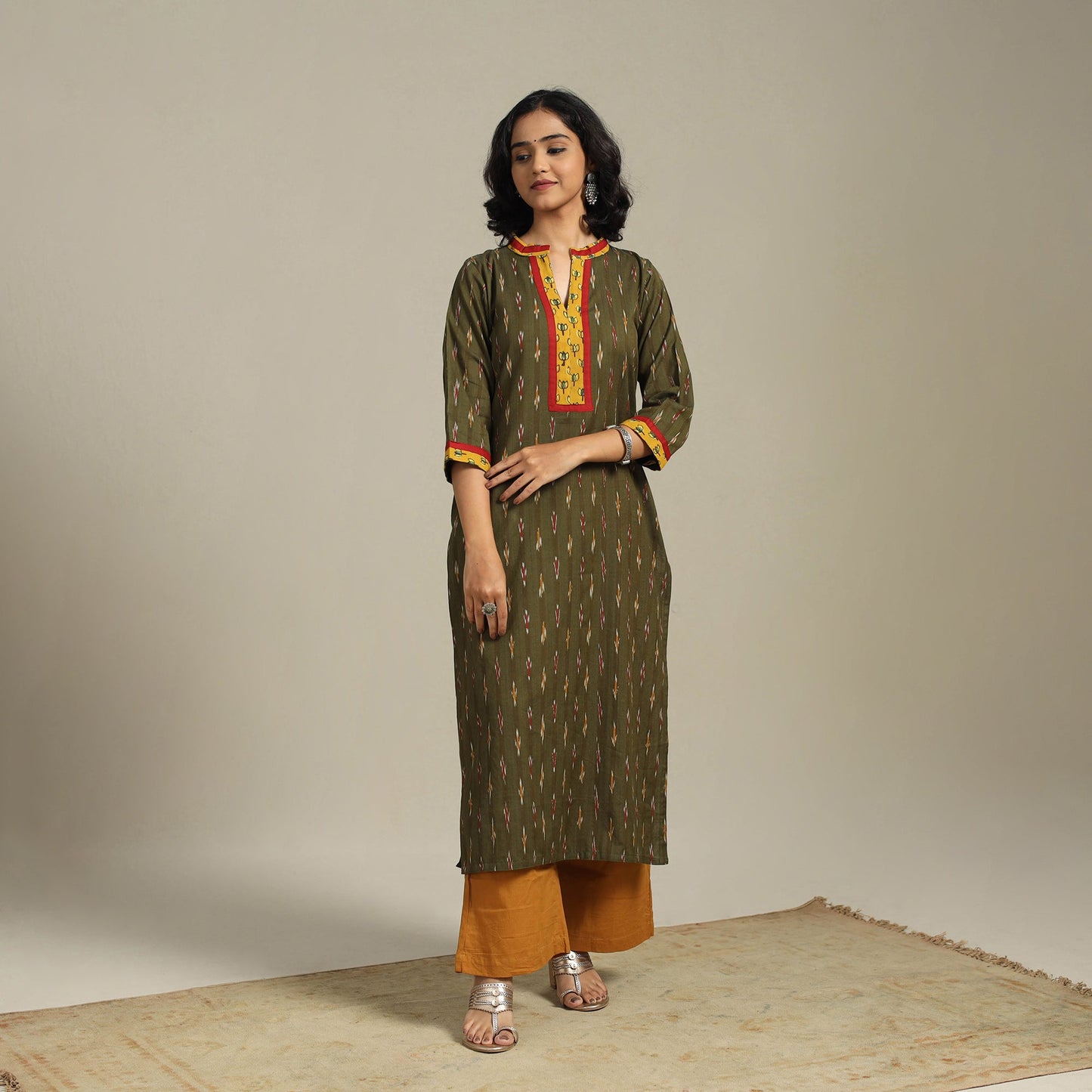 Green Cotton Straight Pochampally Ikat Kurta