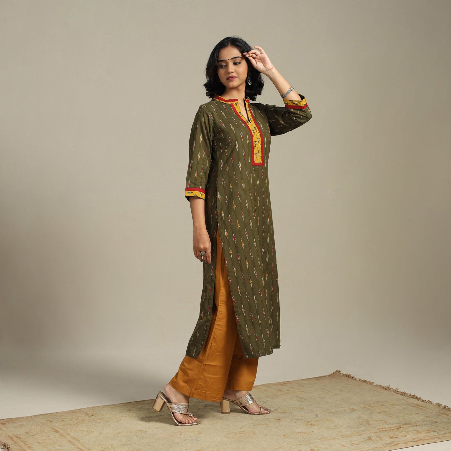 Green Cotton Straight Pochampally Ikat Kurta