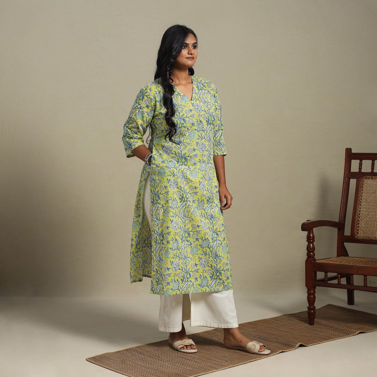 Green Block Print Cotton Straight Sanganeri Kurta