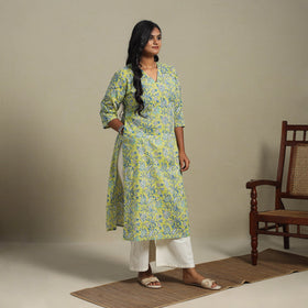 Green Block Print Cotton Straight Sanganeri Kurta