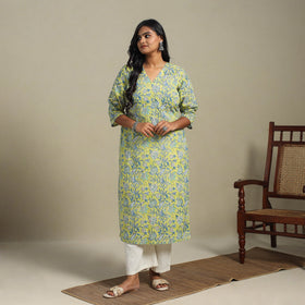Green Block Print Cotton Straight Sanganeri Kurta