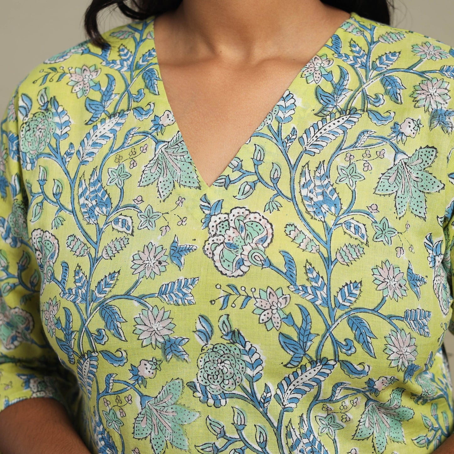 Green Block Print Cotton Straight Sanganeri Kurta