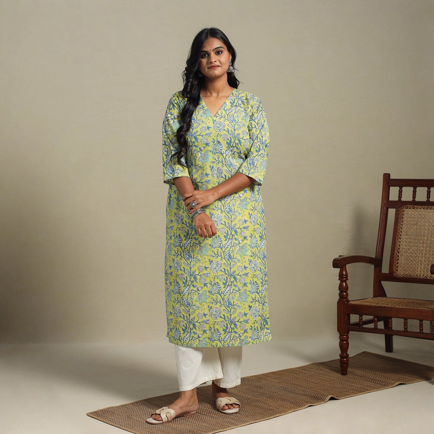 Green Block Print Cotton Straight Sanganeri Kurta