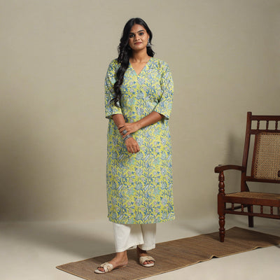 Green Block Print Cotton Straight Sanganeri Kurta