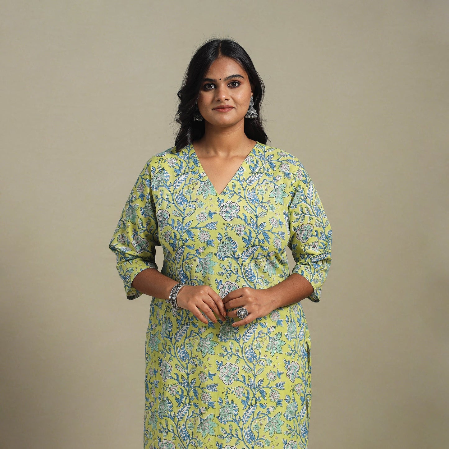 Green Block Print Cotton Straight Sanganeri Kurta