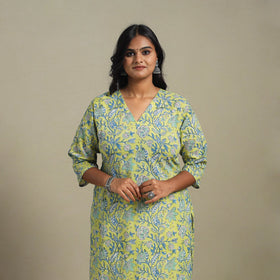 Green Block Print Cotton Straight Sanganeri Kurta