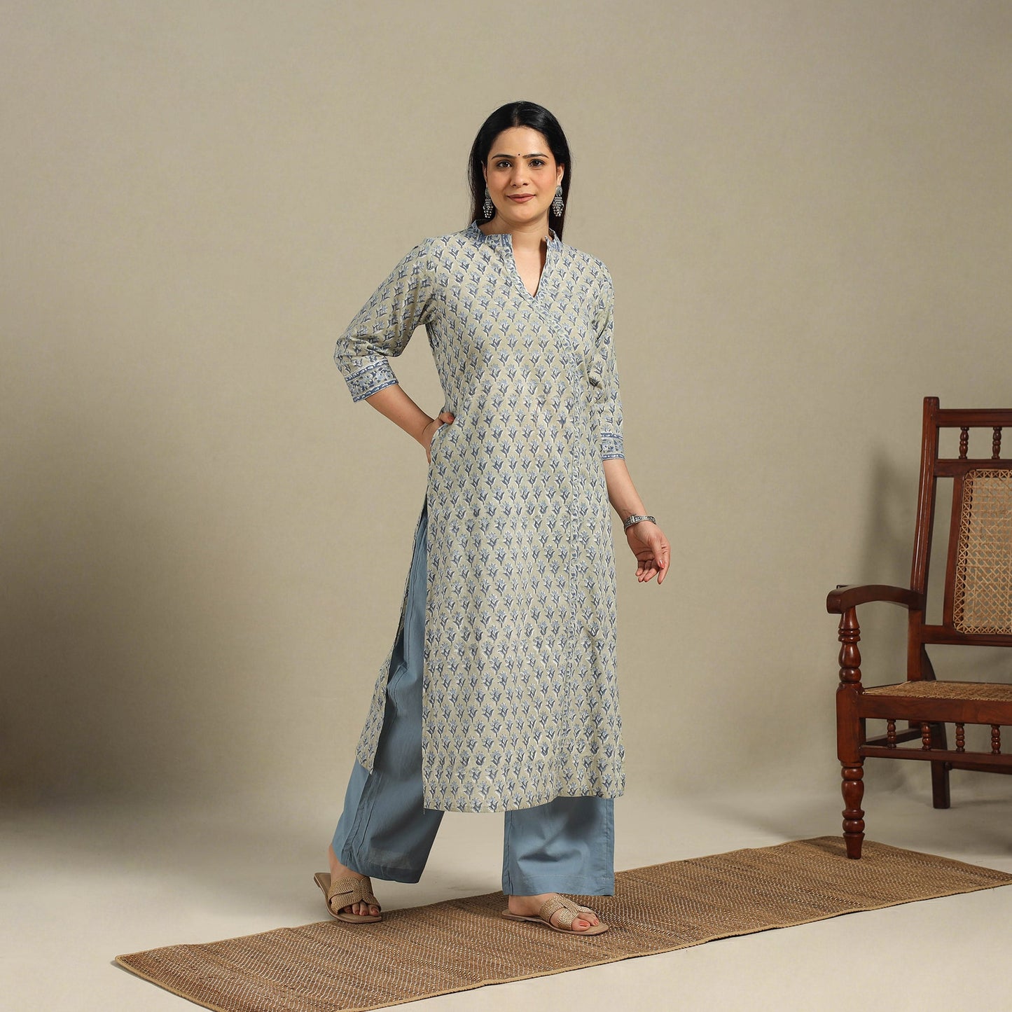 Green - cotton straight sanganeri kurta 04 - handcrafted