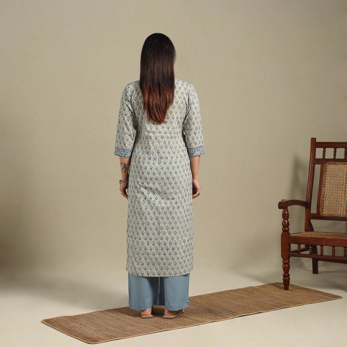 Green - cotton straight sanganeri kurta 04 - handcrafted