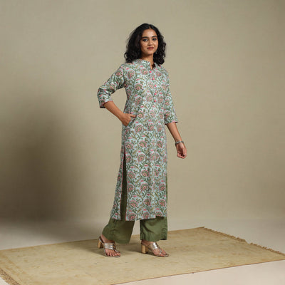Green - cotton straight sanganeri kurta 07 - s - handcrafted
