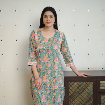  Green Straight Cotton Sanganeri Print Kurta for Women 