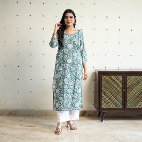 Green Block Print Cotton Straight Sanganeri Kurta for Women