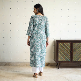 Green Block Print Cotton Straight Sanganeri Kurta for Women
