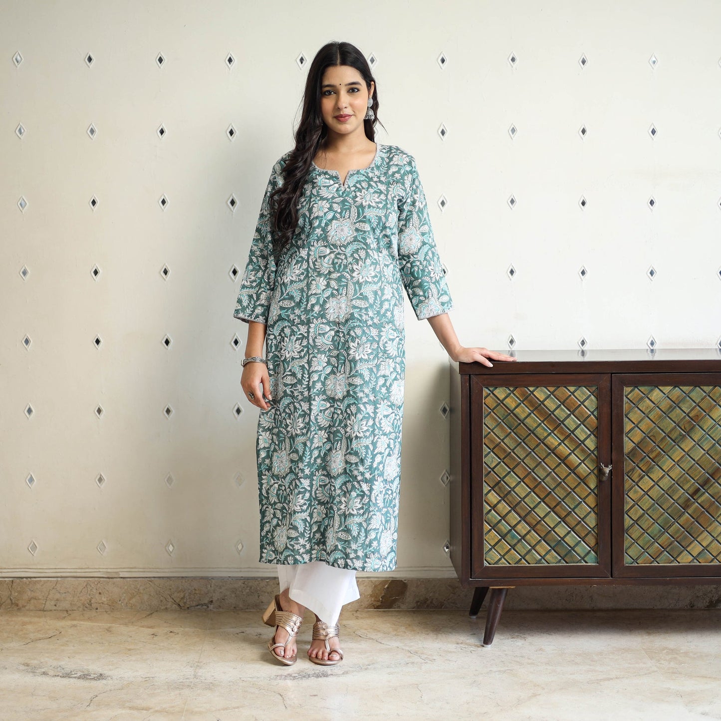 Green Block Print Cotton Straight Sanganeri Kurta for Women