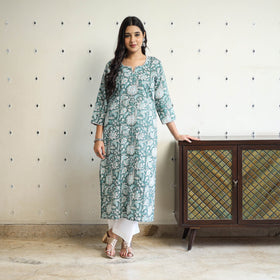 Green Block Print Cotton Straight Sanganeri Kurta for Women