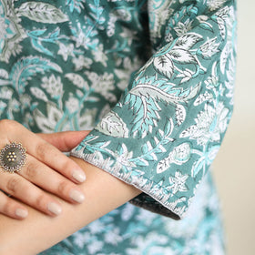 Green Block Print Cotton Straight Sanganeri Kurta for Women
