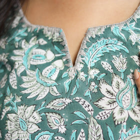 Green Block Print Cotton Straight Sanganeri Kurta for Women