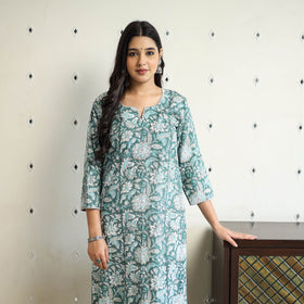 Green Block Print Cotton Straight Sanganeri Kurta for Women