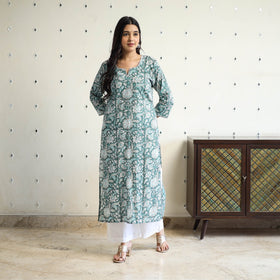 Green Block Print Cotton Straight Sanganeri Kurta for Women