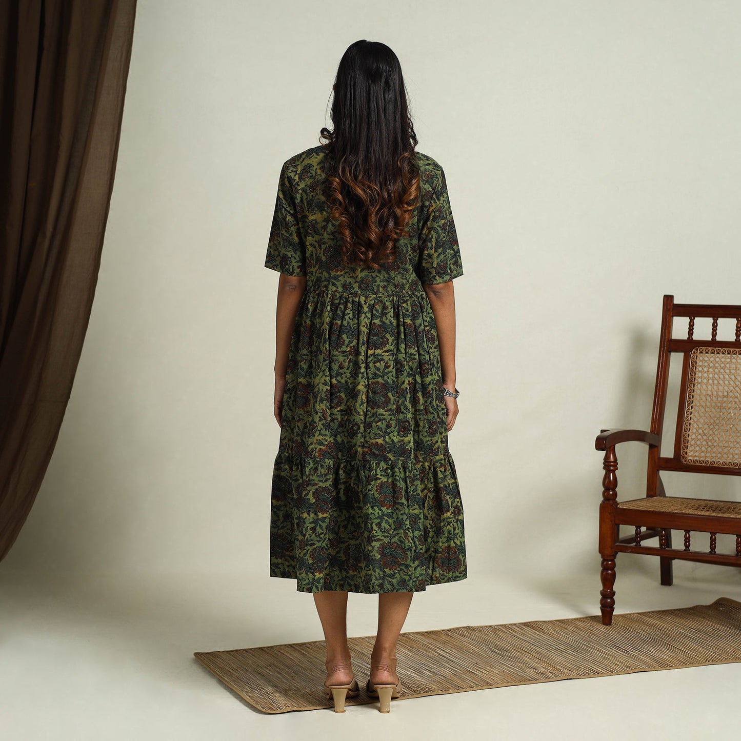 Buy Green Block Print Cotton Tiered Bagru Dress 