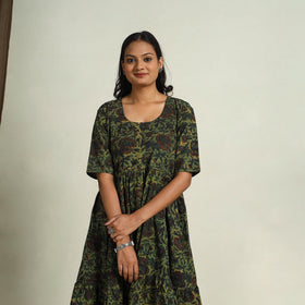 Buy Green Block Print Cotton Tiered Bagru Dress 