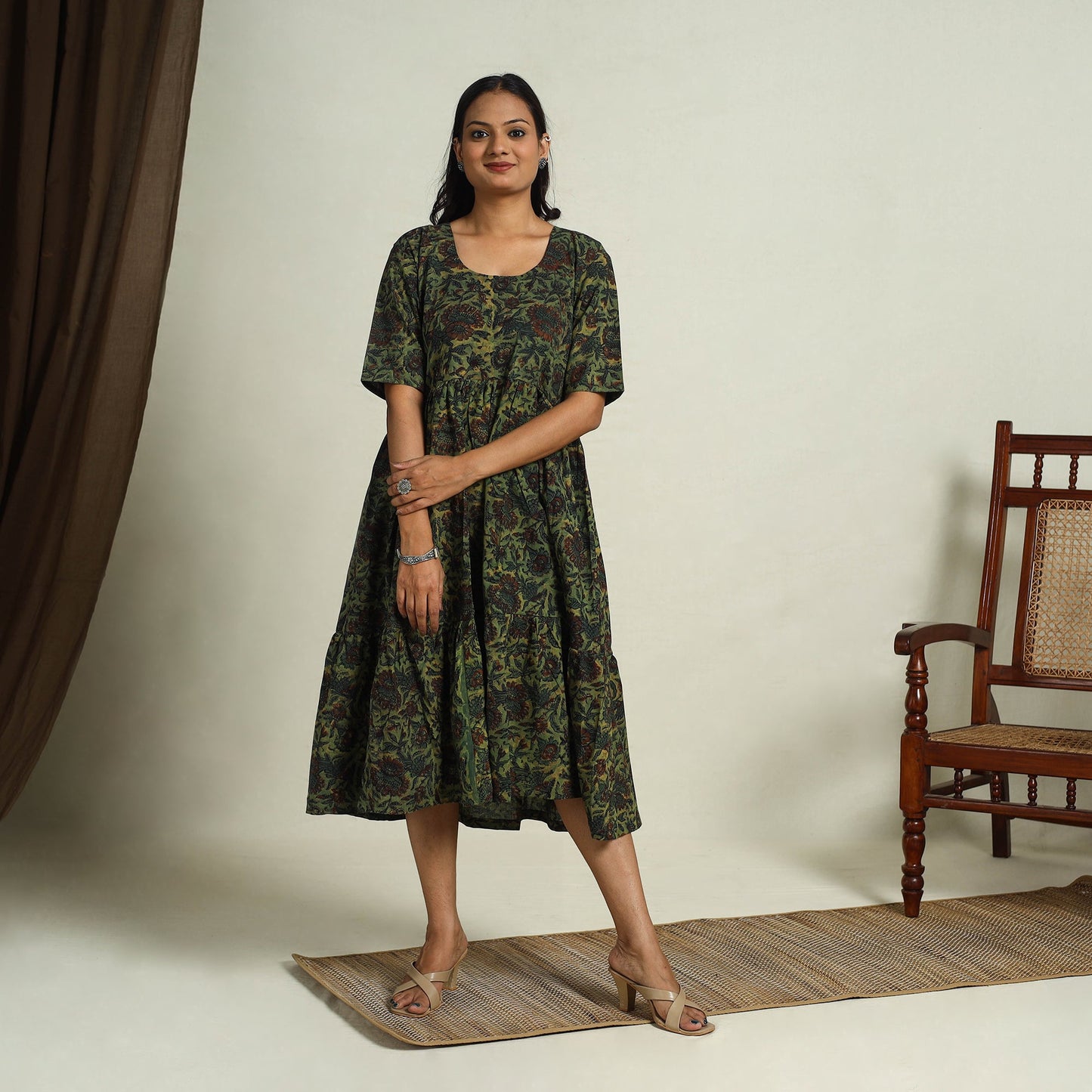 Buy Green Block Print Cotton Tiered Bagru Dress 