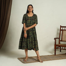 Buy Green Block Print Cotton Tiered Bagru Dress 