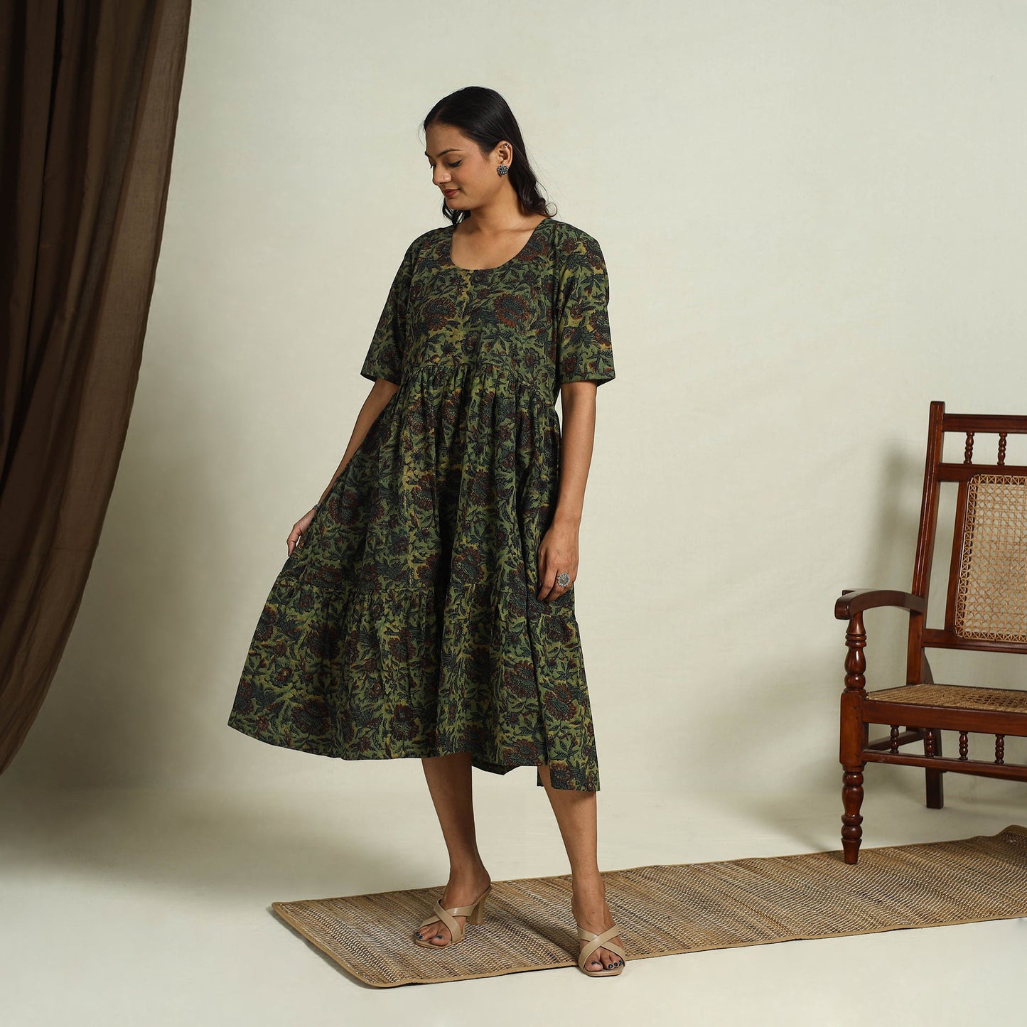 Buy Green Block Print Cotton Tiered Bagru Dress 