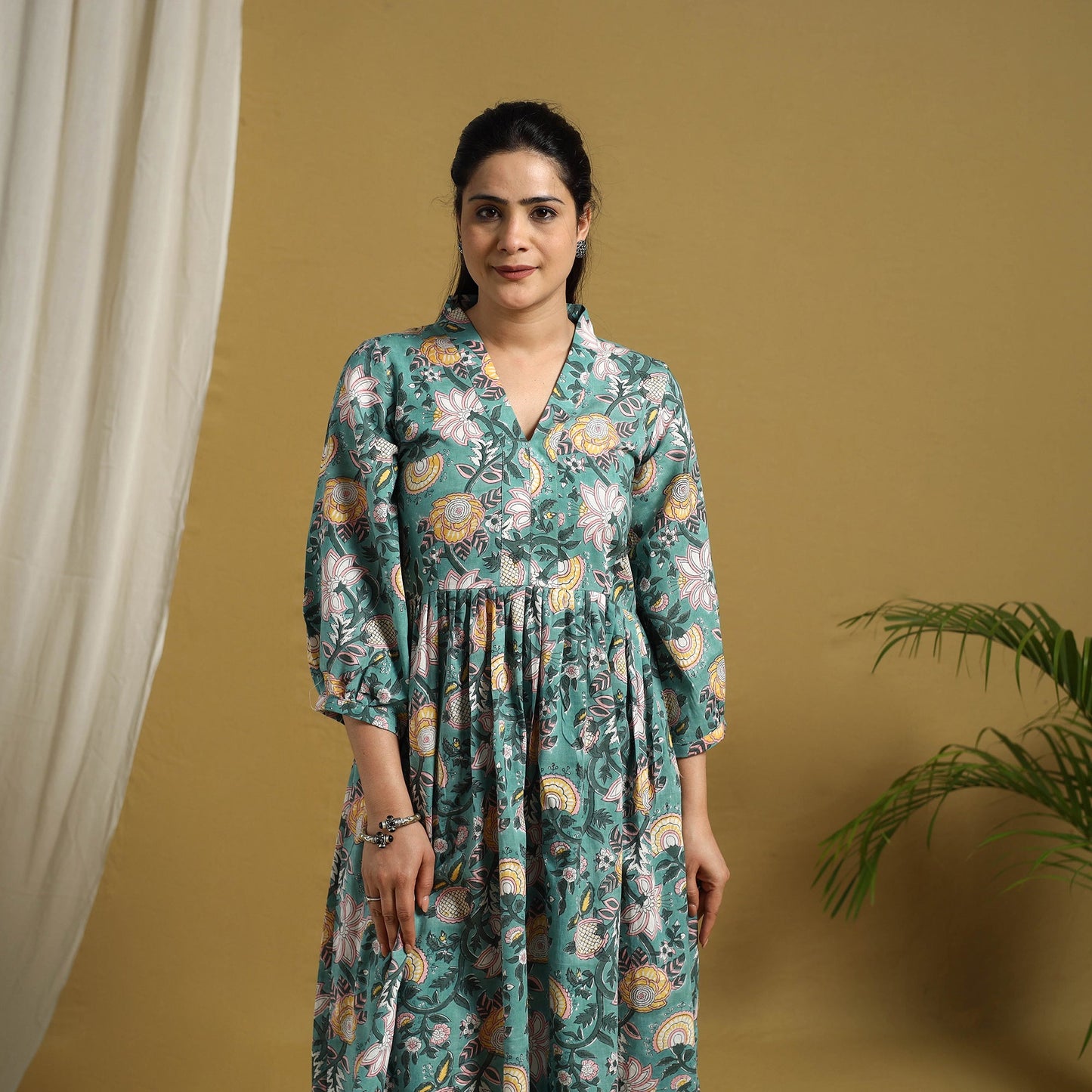 Buy Green Block Print Cotton Tiered Sanganeri Dress 